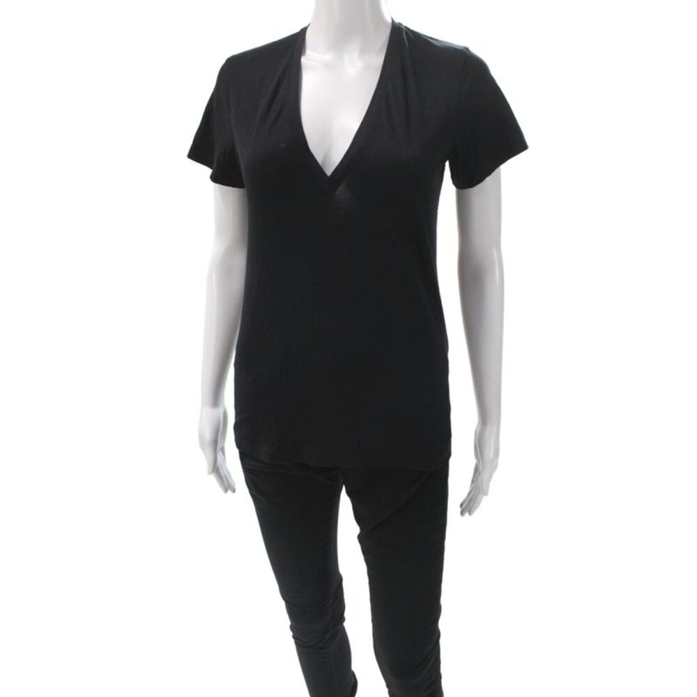 Another Tomorrow Womens Basic Black V-Neck Short Sleeve Organic T-Shirt Size XS